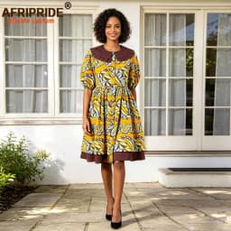 African Dresses for Women Elegant Party Short Sleeve High Waist Print A-line Dress Ankara Attire Traditional Outfits A2225029