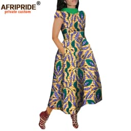 African Maxi Dress for Women Private Custom V-Back Short Sleeve Turn-down Collar Plus Size Casual Dress Ankara Attire A722592