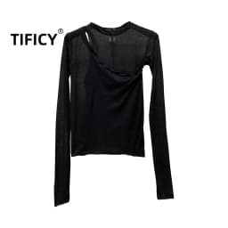 Fashion Women's Double Layer Underlay Thin Fabric Comfortable Knitted Long Sleeve Top Tee T-shirt