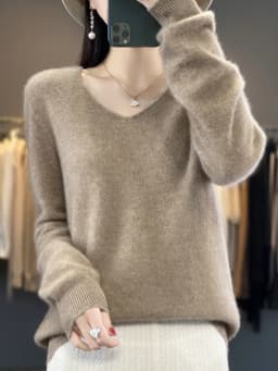 Fashion 100% Merino Wool Sweater Basic Cashmere Women Knitwear Pullover V-Neck Long Sleeve Autumn Winter Clothing Tops
