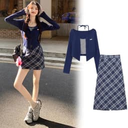 Spring and Autumn Korean New Fashion Academy Style Versatile Slim Fit Top Plaid+Half Skirt Two Piece Set