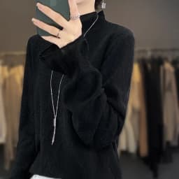 Women's Fine Wool Silk Sweater, Lace Half-High Collar, Lotus Leaf Sleeve Pullover, Bottoming Shirt, Knitting Tops Spring, Autumn