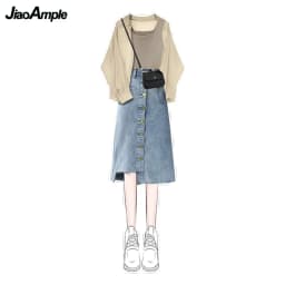 Women's Summer New In Matching Set 2026 Korean Elegant Chiffon Sunscreen Shirt+suspender+denim Skirt 3 Piece Female Dress Suit