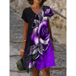 3D Red Rose Flower Dress Women Short Sleeve Floral Print Dresses Summer 2022 Casual Beach V-Neck Loose Oversized Ladies Sundress