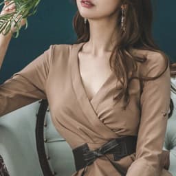 High Waist Tight Office Lady Dress Spring Plain V-Neck 3/4 Sleeves Adjustable Decorative Ruffles Send Belt Elegant Party Dress