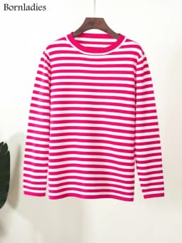 Bornladies Knitted Stripe Sweater Women 2025 Autumn Winter Loose Casual Thick Pullovers Female Warm Long-sleeved Round Neck Tops