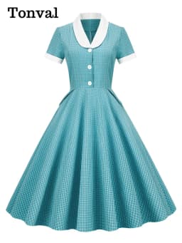 Tonval Shawl Collar Button Up Vintage Robe Plaid Long Dress Evening Elegant for Women Short Sleeve Pockets A-Line Dresses