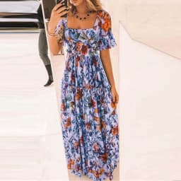 Summer Beach Dress Women Casual Short Sleeve Square Collar Elastic Waist High Waist Bohemian Floral Print Maxi Dress Plus Size