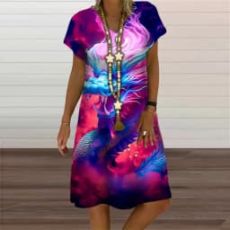V-Neck Women's Dress Summer Short Sleeve Pullover For Women Casual Dragon Pattern Print Female Clothing 2023 Fashion Oversized