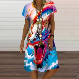 V-Neck Women's Dress Summer Short Sleeve Pullover For Women Casual Dragon Pattern Print Female Clothing 2023 Fashion Oversized