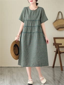 2026 Summer Short Sleeve Vintage Plaid Dresses For Women New Casual Midi Comfortable Dress Femme Robe Vestidos Elegant Clothing