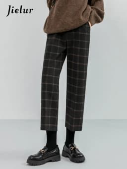 Jielur Winter Vintage Plaid Slim Fashion Female Pants Loose Spell Color Chic Zipper Pockets Simple Women's Pants Office Ladies