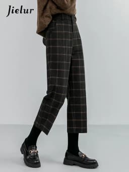 Jielur Winter Vintage Plaid Slim Fashion Female Pants Loose Spell Color Chic Zipper Pockets Simple Women's Pants Office Ladies