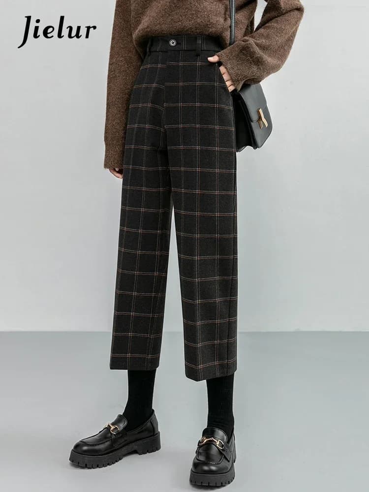 Jielur Winter Vintage Plaid Slim Fashion Female Pants Loose Spell Color Chic Zipper Pockets Simple Women's Pants Office Ladies