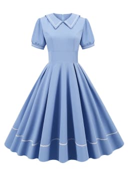 Tonval Sailor Collar Short Sleeve Vintage Style High Waist Swing Dresses Elegant for Women Blue Evening Gowns Pleated Dress