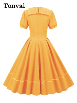 Tonval Sailor Collar Short Sleeve Vintage Style High Waist Swing Dresses Elegant for Women Blue Evening Gowns Pleated Dress