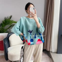 Miyake Pleated Women's Fashion Tops Loose Plus Size Hundred Matching Printed Seven-minute Sleeve T-shirt 2024 Spring Autumn New
