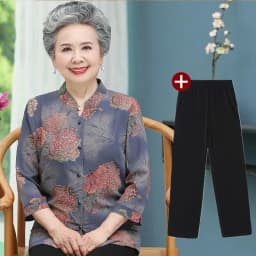 Elderly Grandma Shirts Blouse Tops 3/4 Sleeve Spring Summer 60 To 80 Years Old Middle-Aged Mother Pants 2PCS Womens Outfits 5XL