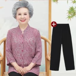 Elderly Grandma Shirts Blouse Tops 3/4 Sleeve Spring Summer 60 To 80 Years Old Middle-Aged Mother Pants 2PCS Womens Outfits 5XL