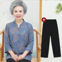 Elderly Grandma Shirts Blouse Tops 3/4 Sleeve Spring Summer 60 To 80 Years Old Middle-Aged Mother Pants 2PCS Womens Outfits 5XL