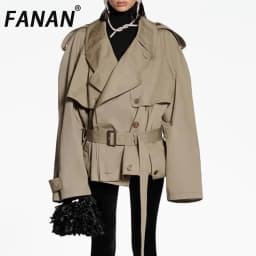FANAN Fashion Women Cotton Trench Coat Lapel Raglan Sleeve Double Breasted Solid Color Short Windbreaker Autumn 2025 New