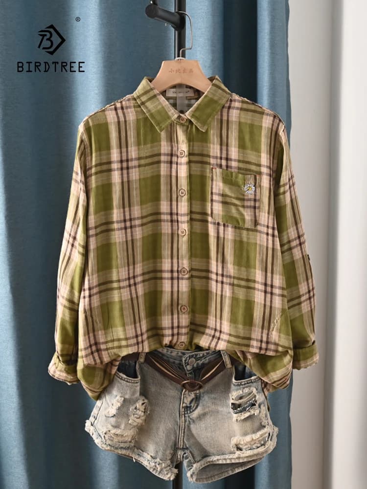 New Spring Cotton Long Sleeve Shirt, Women Lapel Embroidery Plaid Tops, Mori Girl Retro Casual Oversize Blouse, 2025 T4D717CC