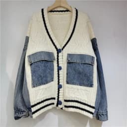 Fashion Trendy Women's Denim Pockets Patchwork Knit Cardigan Loose V-neck Long Sleeves Sweater Female 2025 Spring/Summe