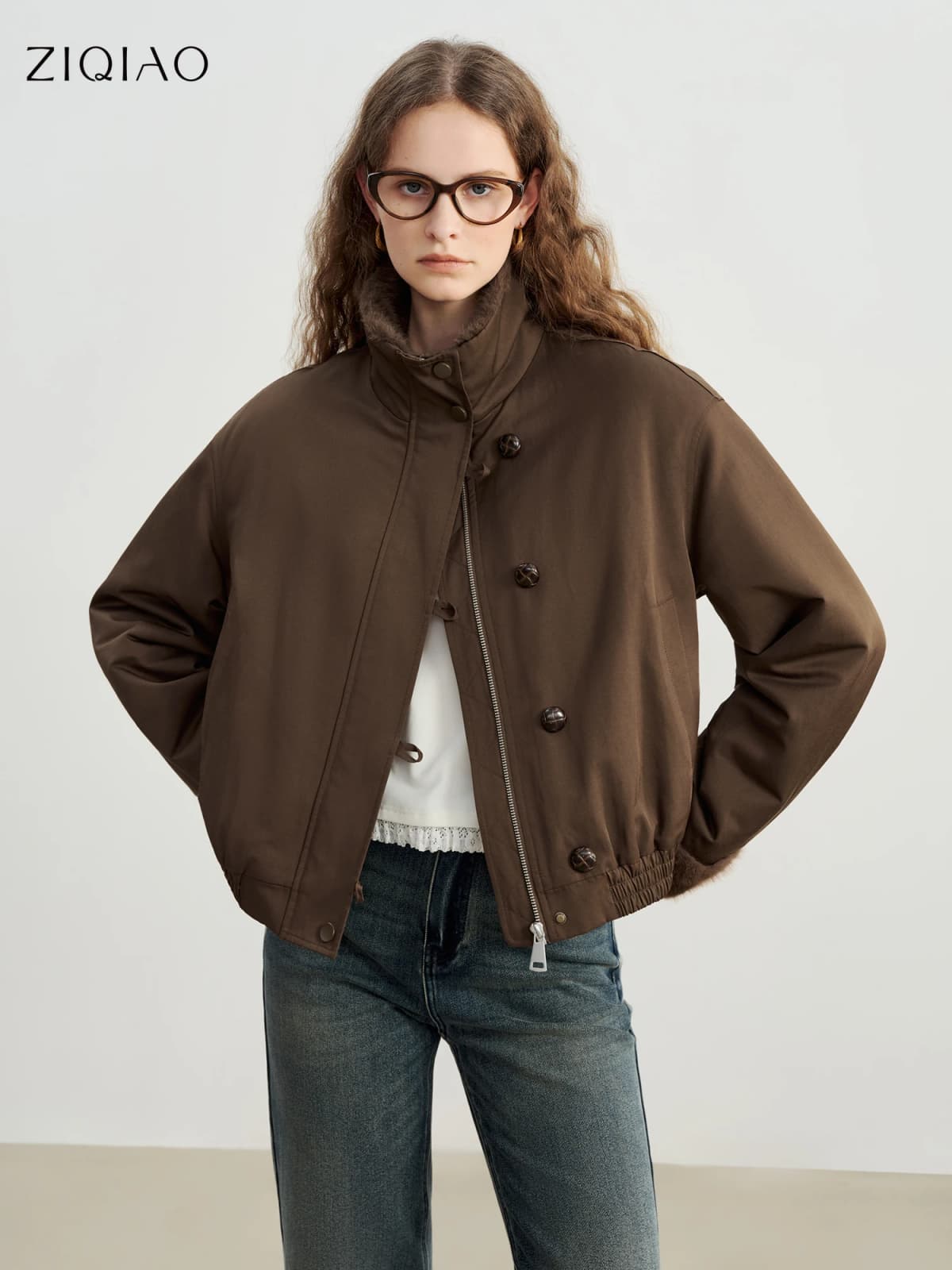 ZIQIAO 2025 Autumn/Winter New Arrival Vintage Faux Mink Stand Collar Jacket for Petite Barnes-Style Thickened Short Coat Warmth
