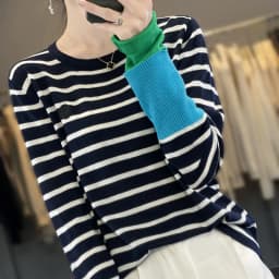 Women's New Pure Wool Soft Spliced Sweater Curled O-neck Striped Pullover Spring Autumn Casual Knit Fashion Top