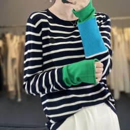 Women's New Pure Wool Soft Spliced Sweater Curled O-neck Striped Pullover Spring Autumn Casual Knit Fashion Top