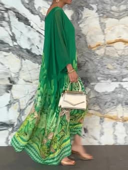 2026 Wrist Sleeve Print Patchwork Maxi Dress, Women O Neck Fashion Elegant Party Dress, Spring Autumn Simple Loose Ladies Dress