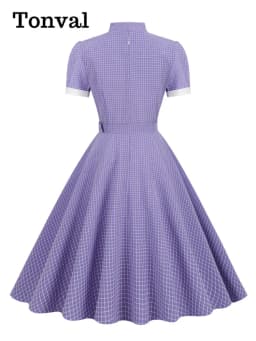 Tonval Lavender Contrast Collar and Cuff Plaid Rockabilly Vintage Style High Waist Women Summer Elegant Formal Swing Dresses