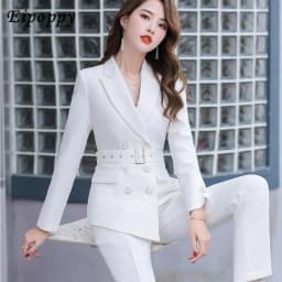 Asymmetric Size S-5XL Women Pant Suit With Belt Red White Black Two Pieces Set Triple Breasted Blazer With Trouser For Winter