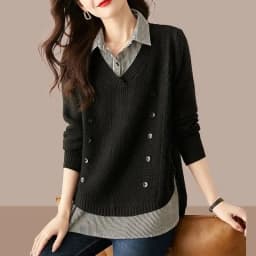 Fake Two Piece Top Knit Sweater Women's Splice Shirt Collar 2026 Spring Autumn New Korean Loose Long Sleeve Sweater Brown Shirt