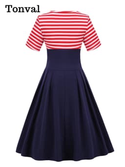 Tonval Red Striped and Navy Blue Button High Waist Women Vintage Pleated Dress Short Sleeve O-Neck Retro Clothes Midi Dresses