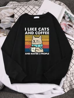 I Like Cats And Coffee Print Women Hoody Hip Hop Pocket Sweatshirt Autumn Creativity Pullover Aesthetic Fleece Female Sportswear
