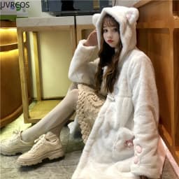 Winter Lolita Warm Jacket Women Sweet Soft Plush Thickened White Coats Girl Cute Cat Ears Anime Hooded Parkas Youthful Outerwear