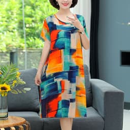 New 2026 Casual Vintage Summer Dress For Women Print Flowers Short Sleeve O-neck Dresses printing Ladies Party Dress