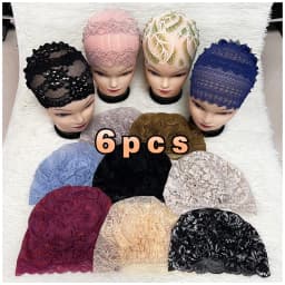 Elastic Design Lace Hollow Out Flannel Hat Women's Cap Forehead Cross Muslim Base Scarf Indian National Style Pearl Headdress