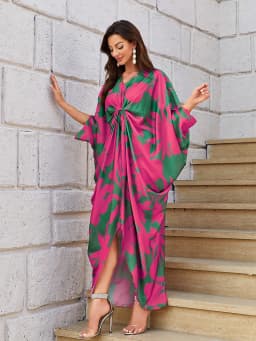 TOLEEN 2024 Summer Casual Elegant Arabian Long Dresses Women's Floral Print Batwing Sleeve O-ring Detail Asymmetrical Hem Dress