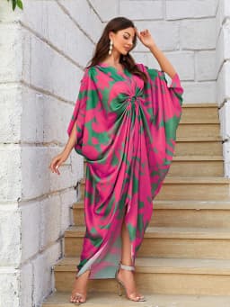 TOLEEN 2024 Summer Casual Elegant Arabian Long Dresses Women's Floral Print Batwing Sleeve O-ring Detail Asymmetrical Hem Dress