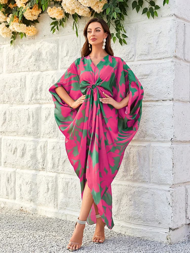 TOLEEN 2024 Summer Casual Elegant Arabian Long Dresses Women's Floral Print Batwing Sleeve O-ring Detail Asymmetrical Hem Dress