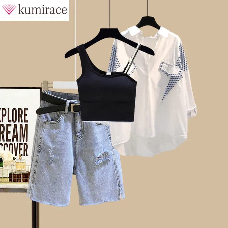 Spring/Summer Fashion Set Women's 2024 New Sunscreen Shirt Slimming Slim Slim Strap Versatile Denim Shorts Three Piece Set