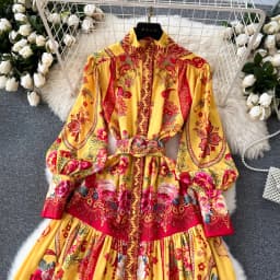 Spring Holiday Floral Print Linen Robe Long Sleeve Stand A-Line Belt Beach Party Dress Single Breasted Women Maxi Clothes 2069