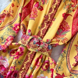 Spring Holiday Floral Print Linen Robe Long Sleeve Stand A-Line Belt Beach Party Dress Single Breasted Women Maxi Clothes 2069