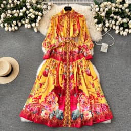 Spring Holiday Floral Print Linen Robe Long Sleeve Stand A-Line Belt Beach Party Dress Single Breasted Women Maxi Clothes 2069