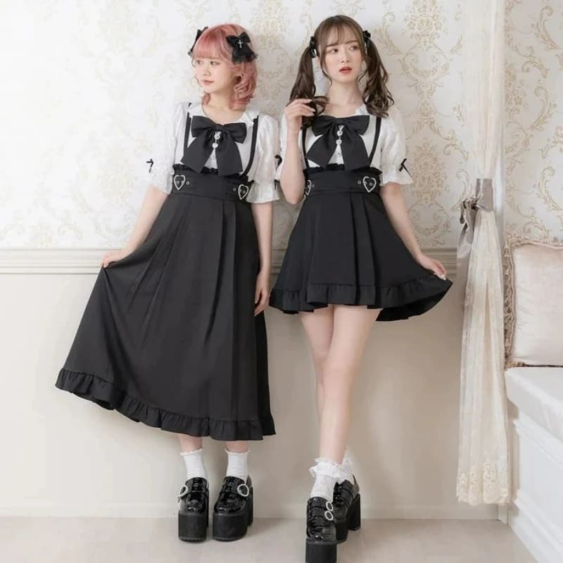 Dark Gothic Y2k Lolita High Waist Pleated Skirt Women Chic Love Buckle Ruffle Short Skirt Korean Fashion A-Line Long Strap Skirt