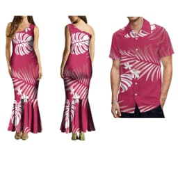Summer Ladies One-Shoulder Long Dress Slim Fishtail Skirt Men'S Shirt Polynesian Couple Set Custom Tribal Floral Print