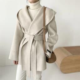 Hooded Jacket Ladies Elegant Solid Color Lace Up Woolen Jacket Outerwear Vintage Woolen Coat Women Autumn Winter Blend Wool Coat