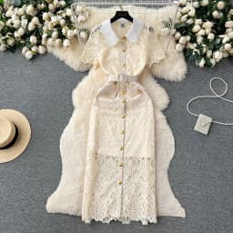Sexy Chic lace Embroidery Turn-down Collar Dress vintage Elegant Korean Fashion Party Basic Slim Summer dresses